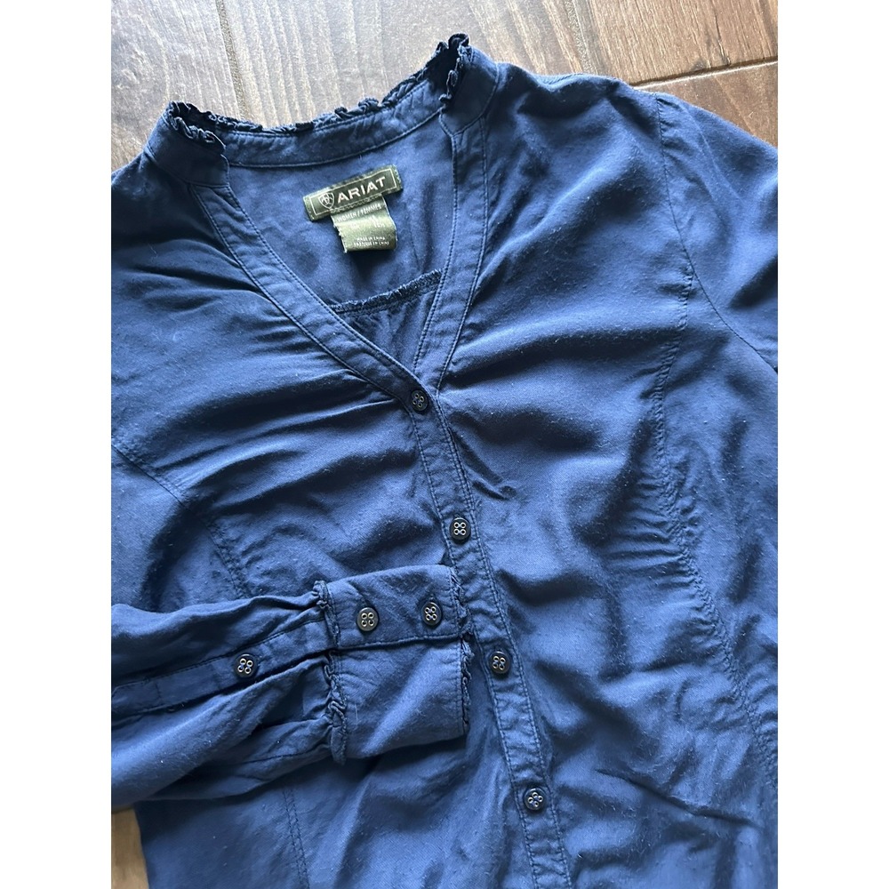 Ariat Women's Navy Blue Ruffled Neck Long Sleeve Button Up Shirt Top XS‎